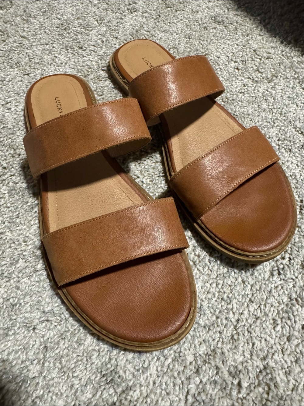 Lucky Brand Leather Cognac Double-Strap Slide Sandals